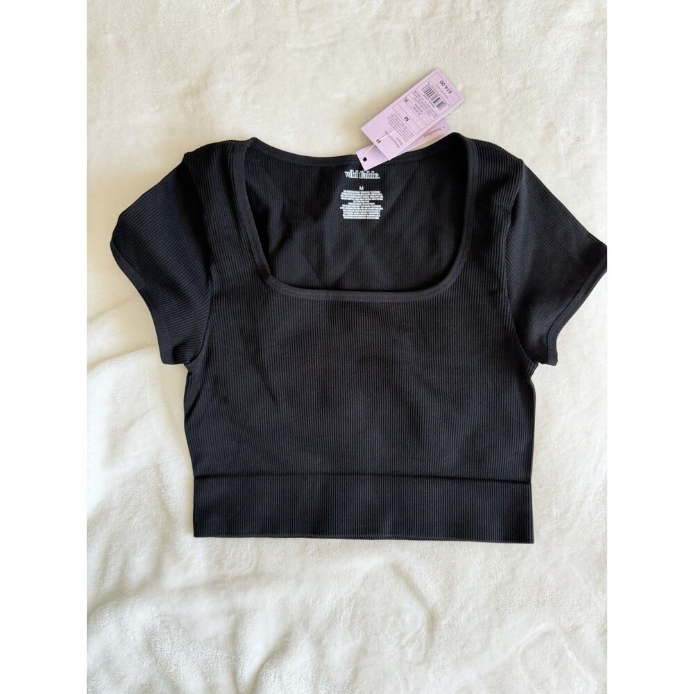 Wild Fable Women's Black Seamless Ribbed Square Neck Crop Tee Short Sleeve M